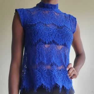 INNY Top Blue Loose Fit Sleeveless Lace Blouse